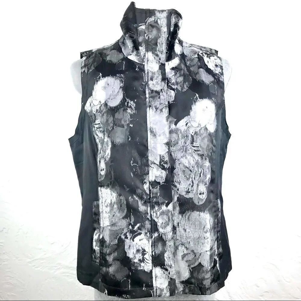 Christopher & Banks Metallic Silver Floral / Black Zip Up Vest